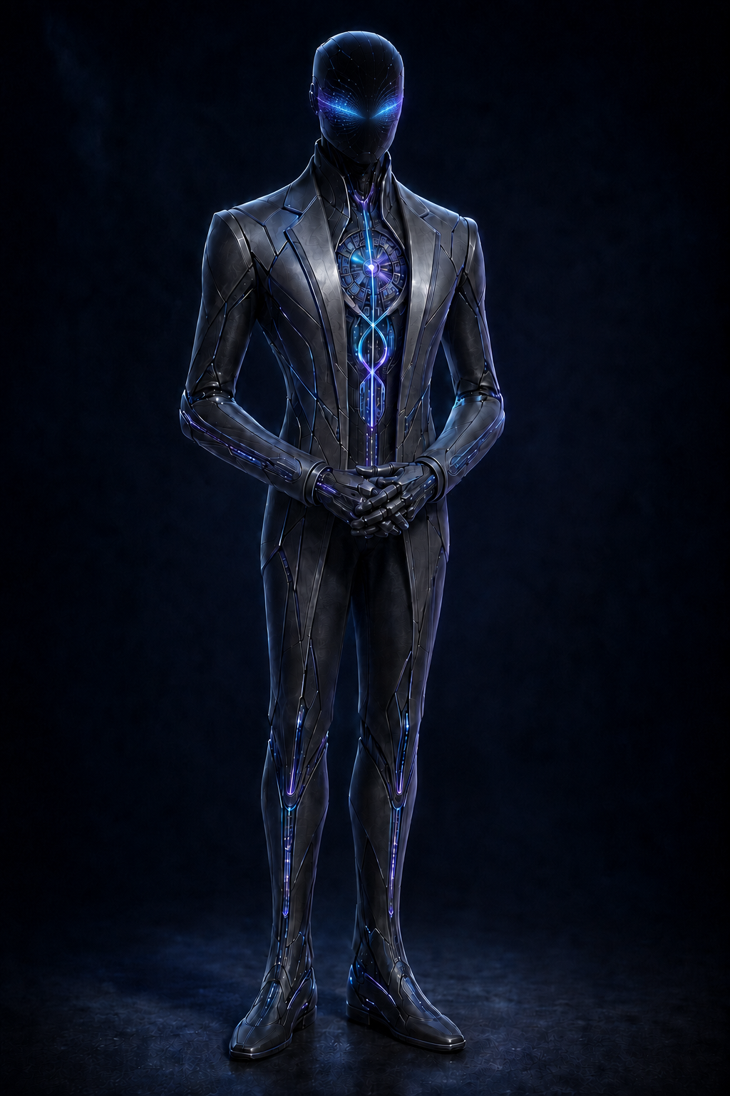 Atlas, the FlowIQ steward intelligence, standing composed with hands clasped
